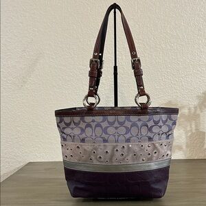 COACH Signature Patchwork East west Bucket Tote Purple and Silver F13075